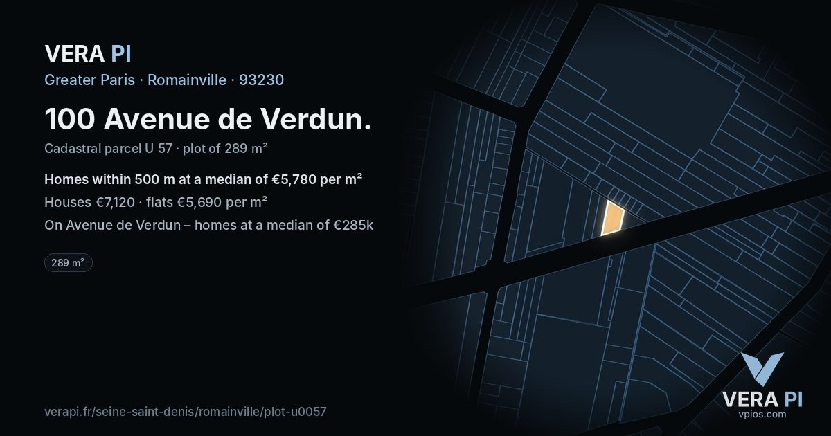 100 Avenue de Verdun, Romainville at night – the plot lit, the parcels around coloured by the prices near them