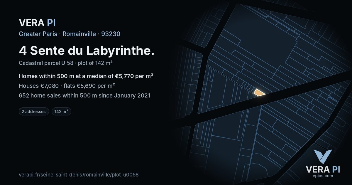 4 Sente du Labyrinthe, Romainville at night – the plot lit, the parcels around coloured by the prices near them