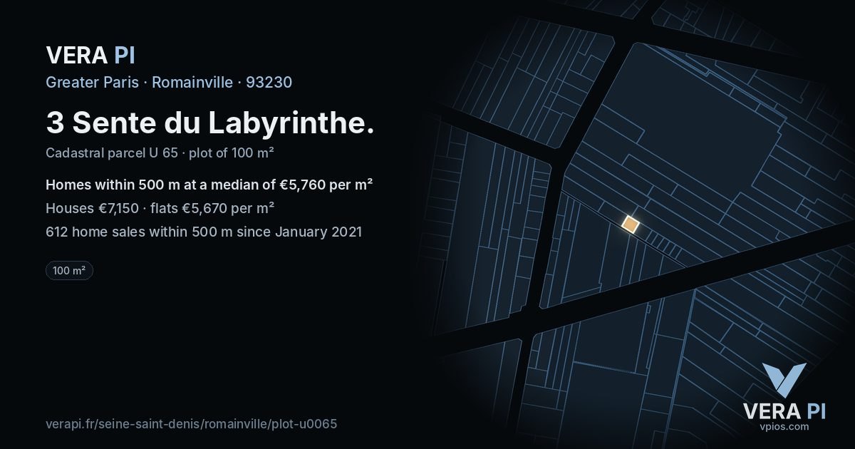 3 Sente du Labyrinthe, Romainville at night – the plot lit, the parcels around coloured by the prices near them