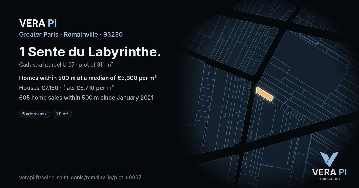 1 Sente du Labyrinthe, Romainville at night – the plot lit, the parcels around coloured by the prices near them