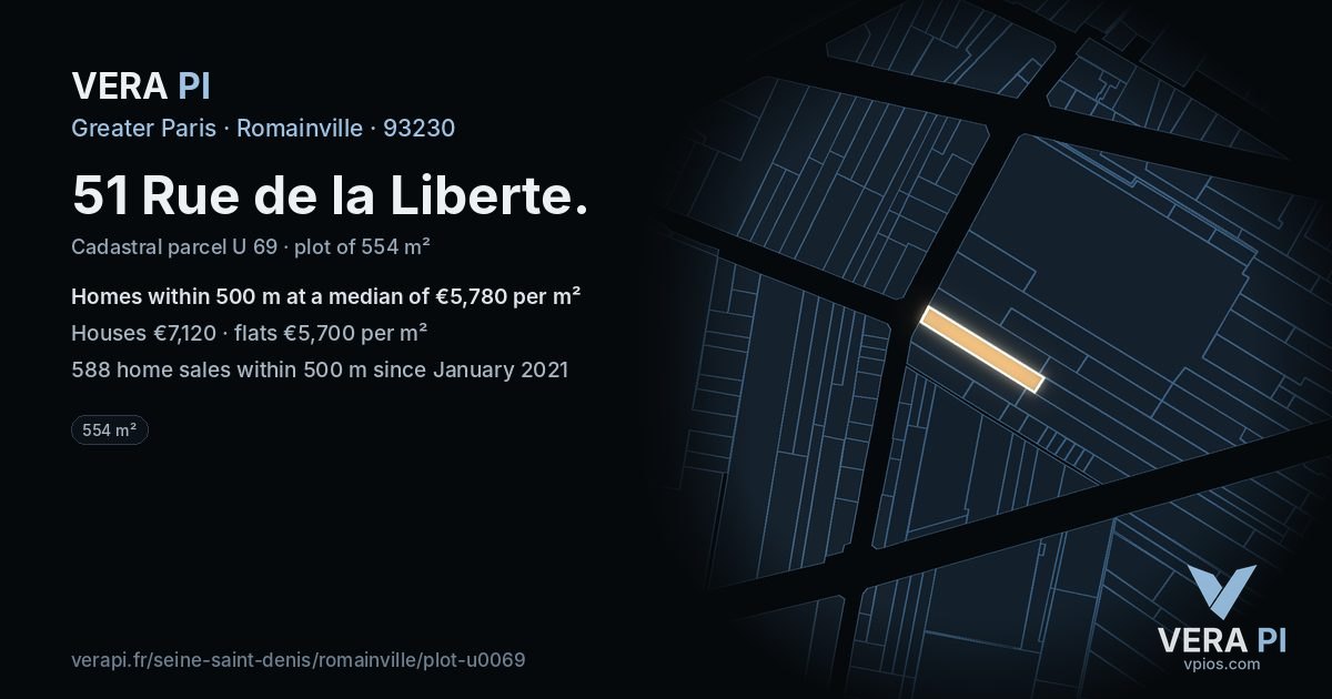 51 Rue de la Liberte, Romainville at night – the plot lit, the parcels around coloured by the prices near them