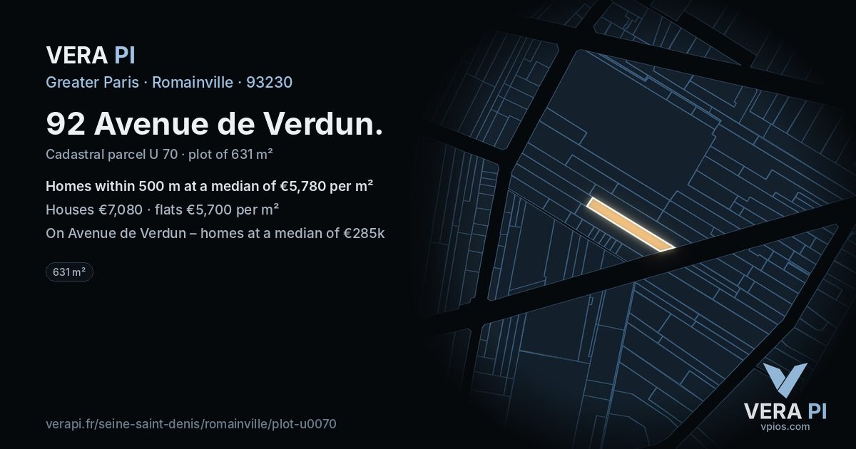 92 Avenue de Verdun, Romainville at night – the plot lit, the parcels around coloured by the prices near them