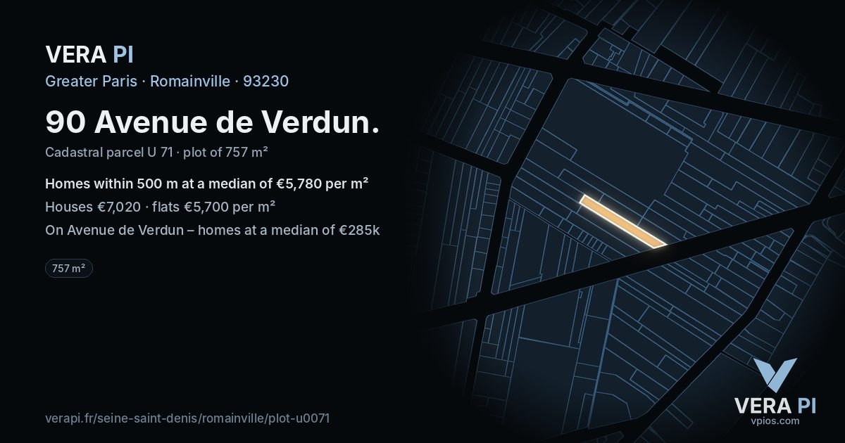 90 Avenue de Verdun, Romainville at night – the plot lit, the parcels around coloured by the prices near them