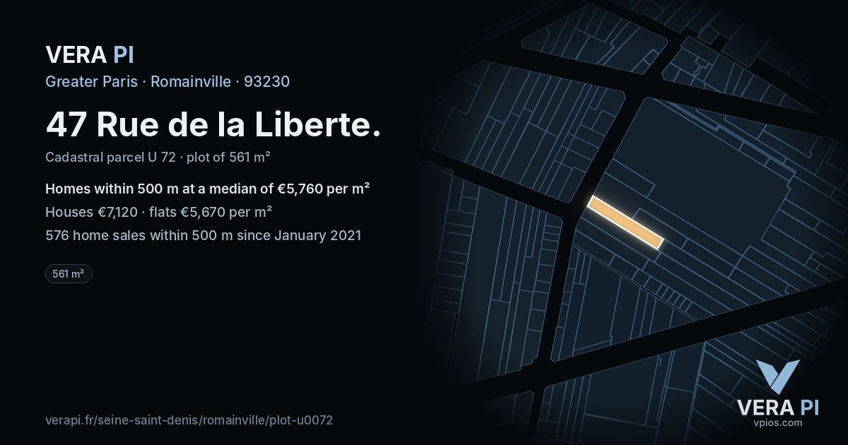47 Rue de la Liberte, Romainville at night – the plot lit, the parcels around coloured by the prices near them