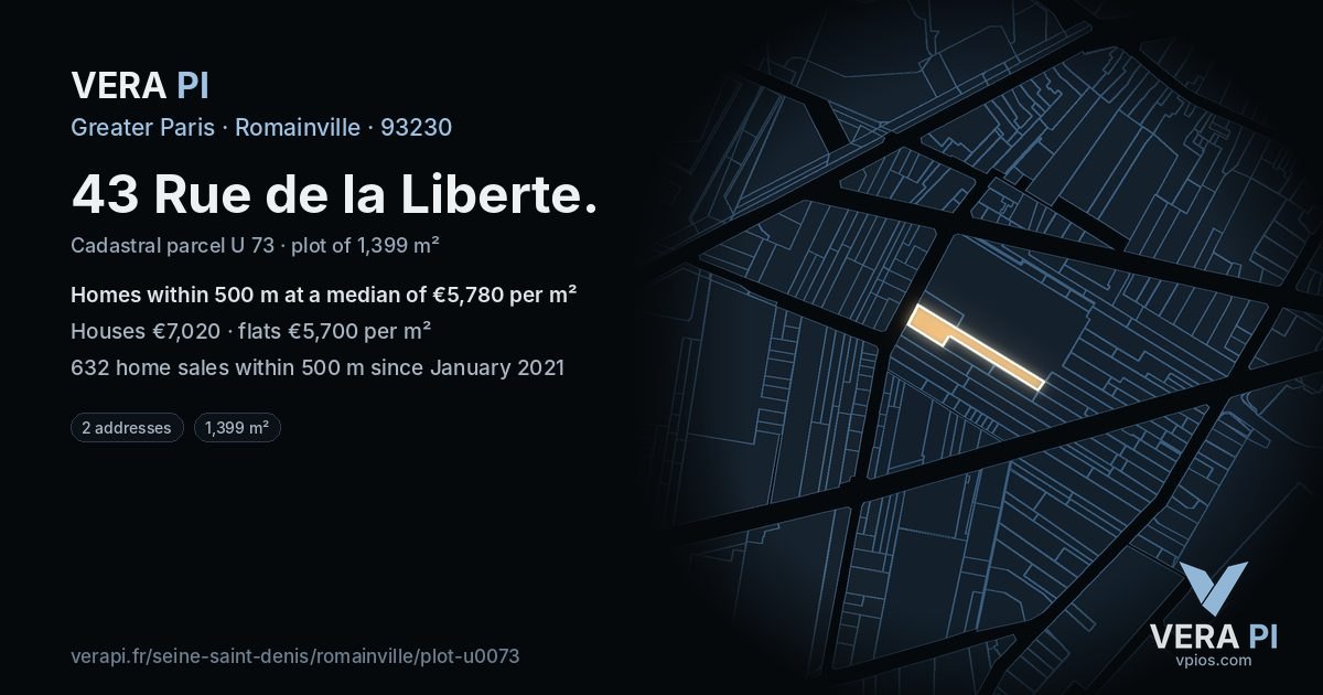 43 Rue de la Liberte, Romainville at night – the plot lit, the parcels around coloured by the prices near them