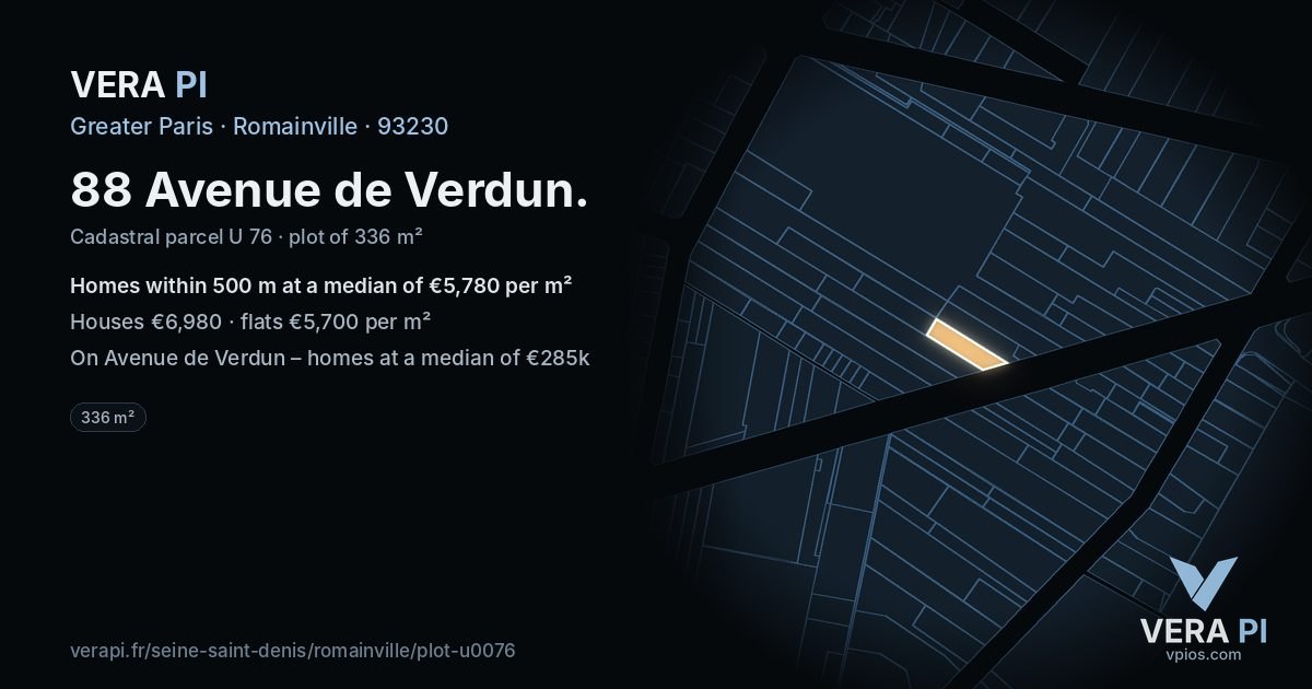 88 Avenue de Verdun, Romainville at night – the plot lit, the parcels around coloured by the prices near them