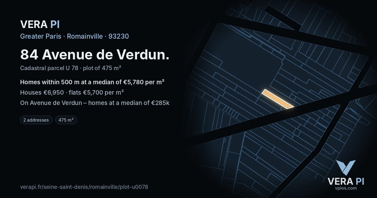 84 Avenue de Verdun, Romainville at night – the plot lit, the parcels around coloured by the prices near them
