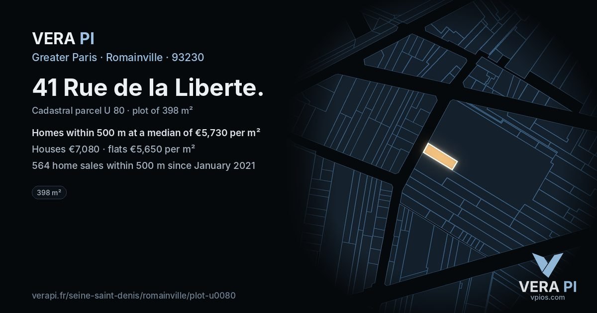 41 Rue de la Liberte, Romainville at night – the plot lit, the parcels around coloured by the prices near them