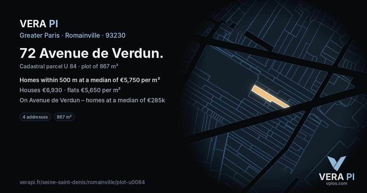 72 Avenue de Verdun, Romainville at night – the plot lit, the parcels around coloured by the prices near them