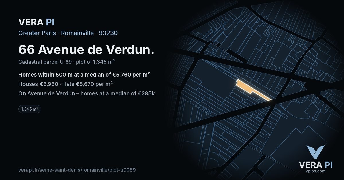 66 Avenue de Verdun, Romainville at night – the plot lit, the parcels around coloured by the prices near them