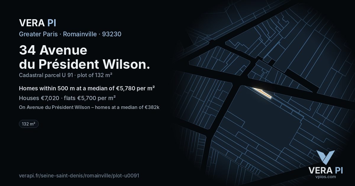 34 Avenue du Président Wilson, Romainville at night – the plot lit, the parcels around coloured by the prices near them