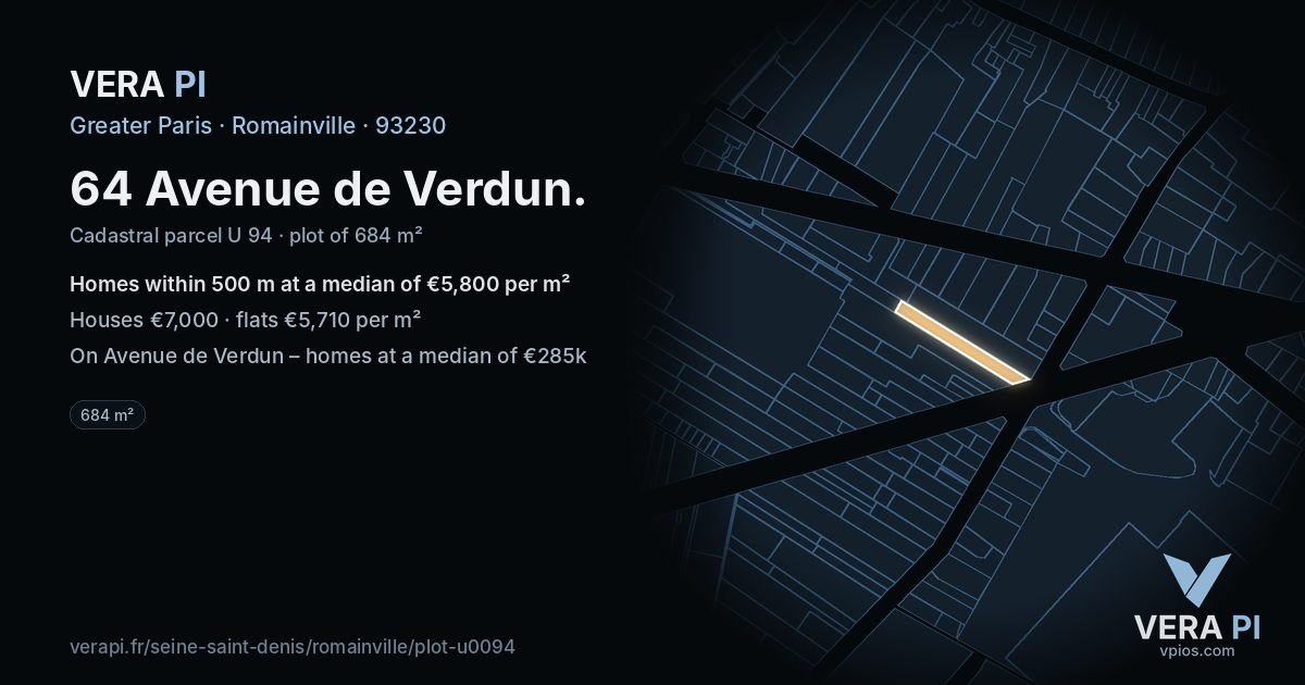 64 Avenue de Verdun, Romainville at night – the plot lit, the parcels around coloured by the prices near them