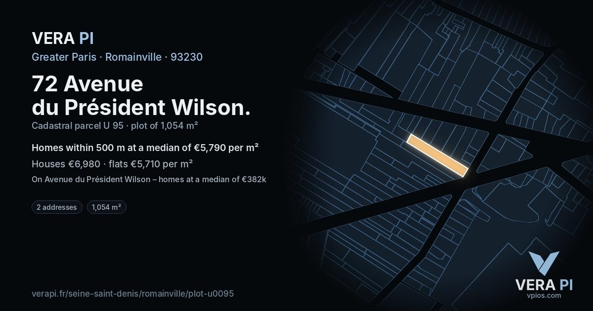 72 Avenue du Président Wilson, Romainville at night – the plot lit, the parcels around coloured by the prices near them