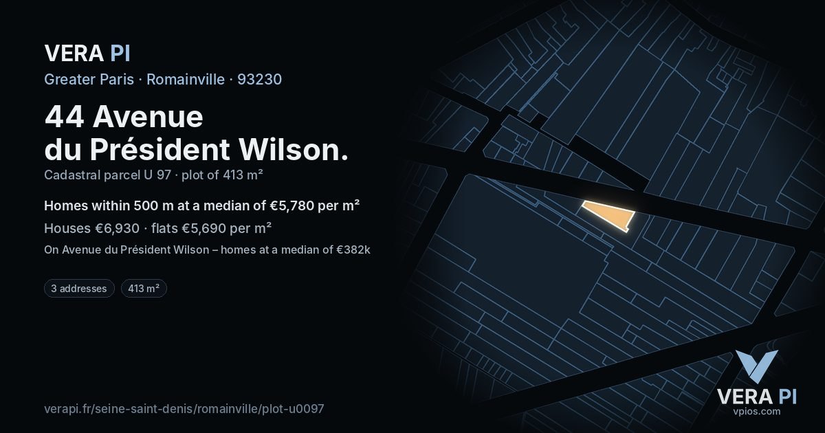 44 Avenue du Président Wilson, Romainville at night – the plot lit, the parcels around coloured by the prices near them