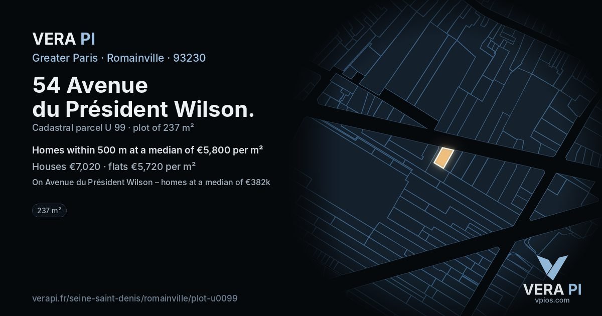 54 Avenue du Président Wilson, Romainville at night – the plot lit, the parcels around coloured by the prices near them
