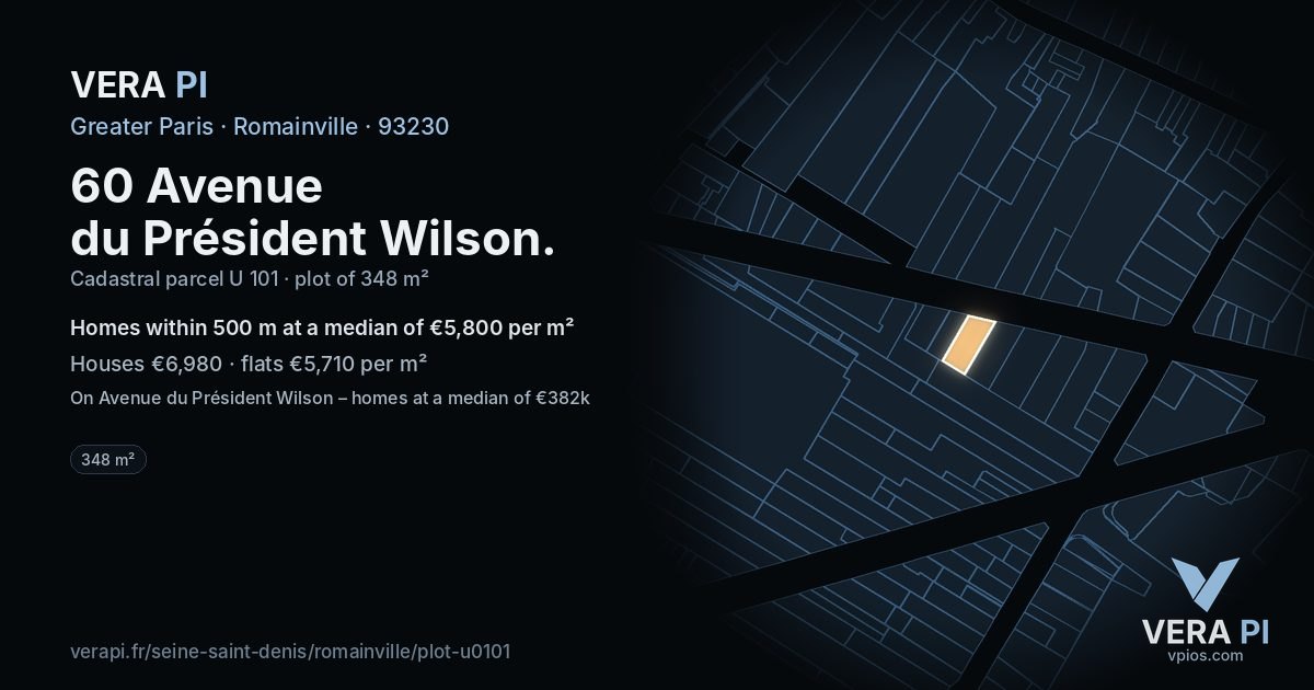 60 Avenue du Président Wilson, Romainville at night – the plot lit, the parcels around coloured by the prices near them