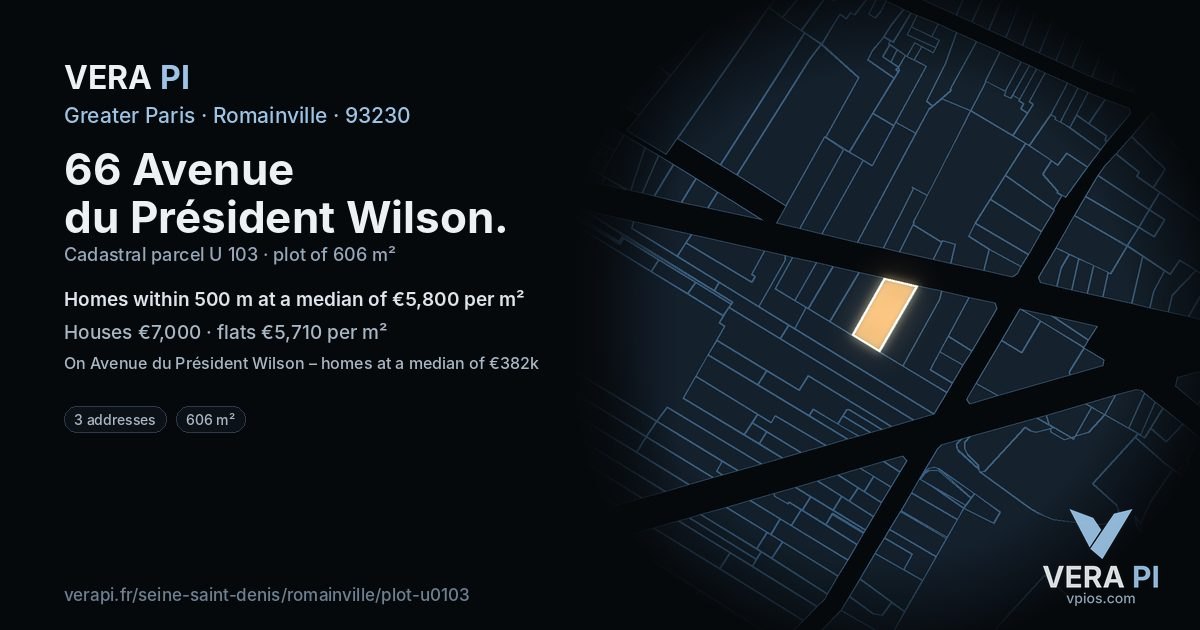 66 Avenue du Président Wilson, Romainville at night – the plot lit, the parcels around coloured by the prices near them