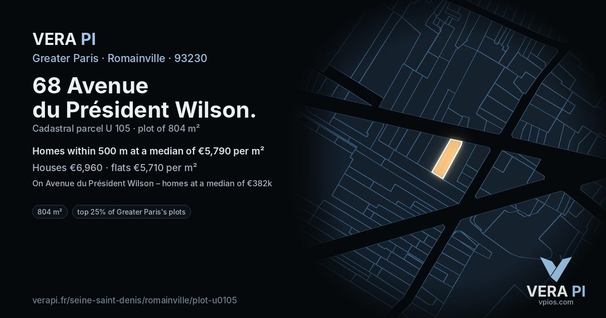 68 Avenue du Président Wilson, Romainville at night – the plot lit, the parcels around coloured by the prices near them