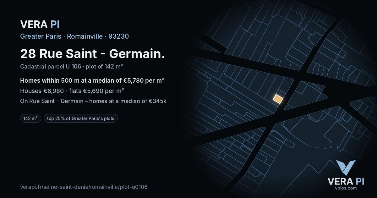 28 Rue Saint - Germain, Romainville at night – the plot lit, the parcels around coloured by the prices near them