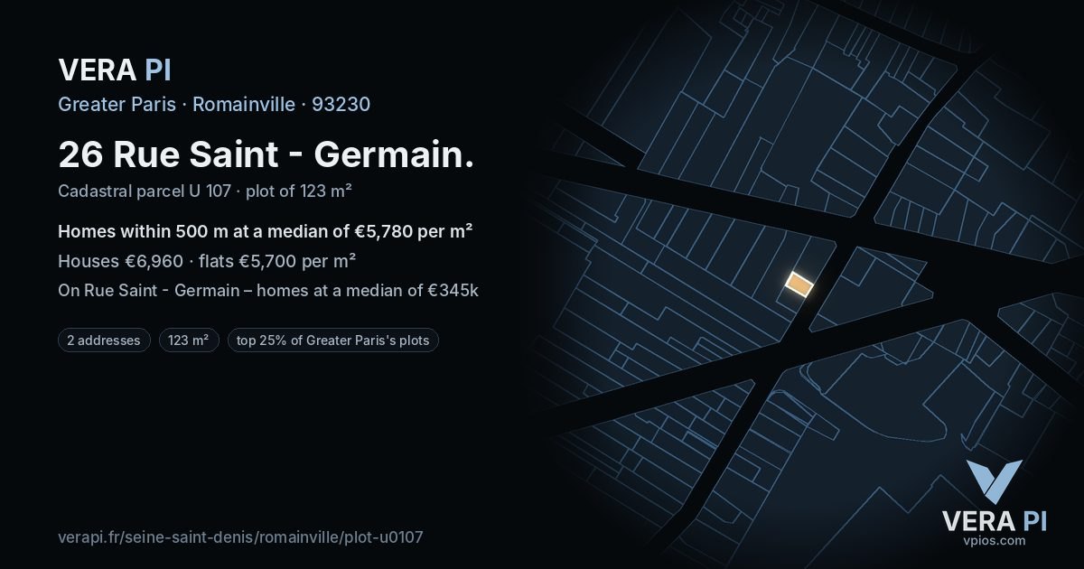 26 Rue Saint - Germain, Romainville at night – the plot lit, the parcels around coloured by the prices near them