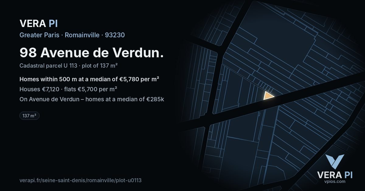98 Avenue de Verdun, Romainville at night – the plot lit, the parcels around coloured by the prices near them