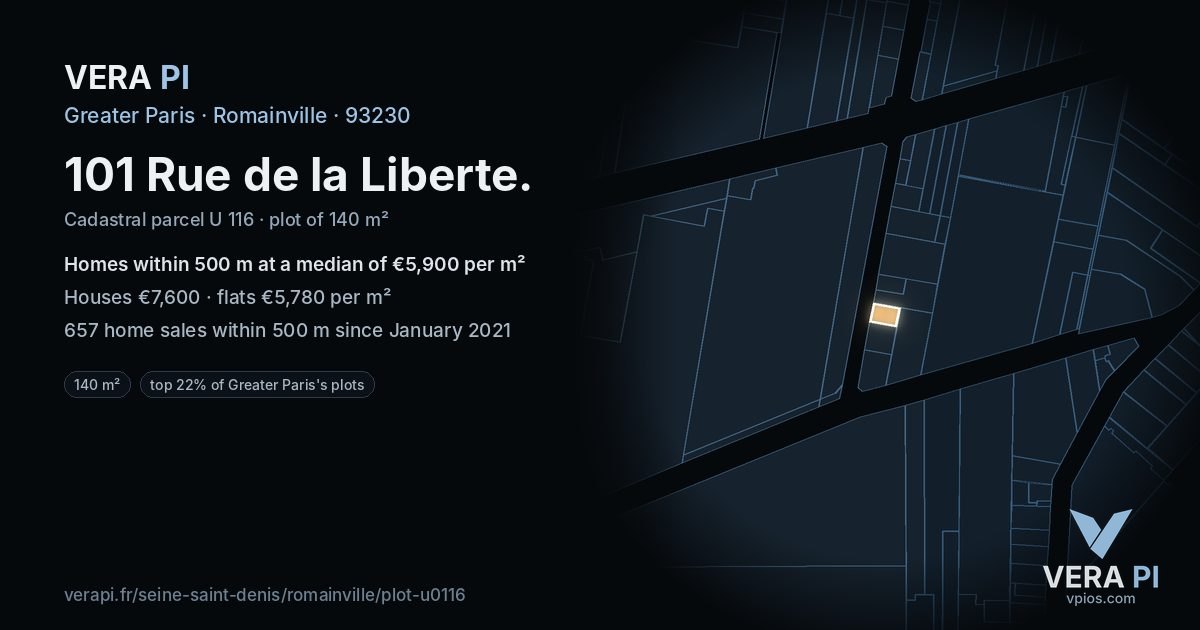 101 Rue de la Liberte, Romainville at night – the plot lit, the parcels around coloured by the prices near them