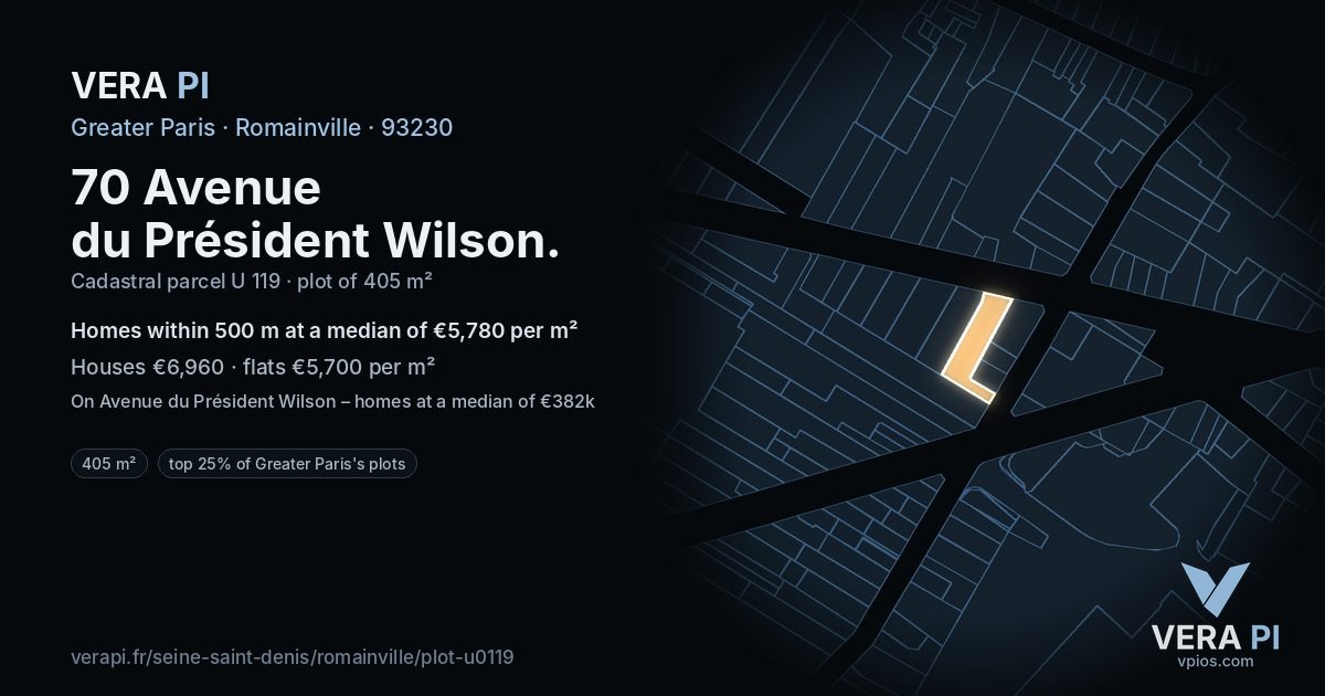 70 Avenue du Président Wilson, Romainville at night – the plot lit, the parcels around coloured by the prices near them