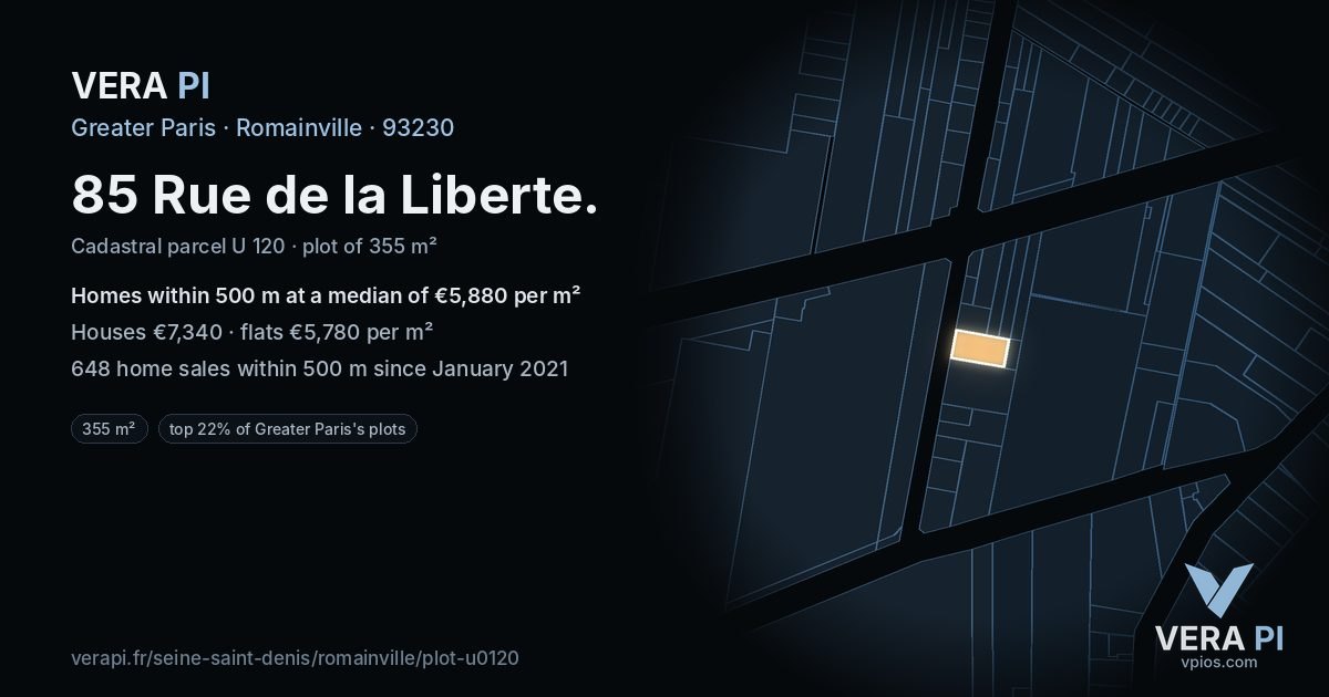85 Rue de la Liberte, Romainville at night – the plot lit, the parcels around coloured by the prices near them