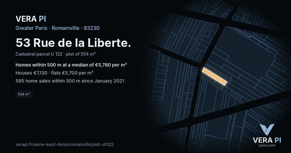 53 Rue de la Liberte, Romainville at night – the plot lit, the parcels around coloured by the prices near them