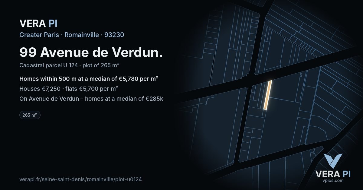 99 Avenue de Verdun, Romainville at night – the plot lit, the parcels around coloured by the prices near them