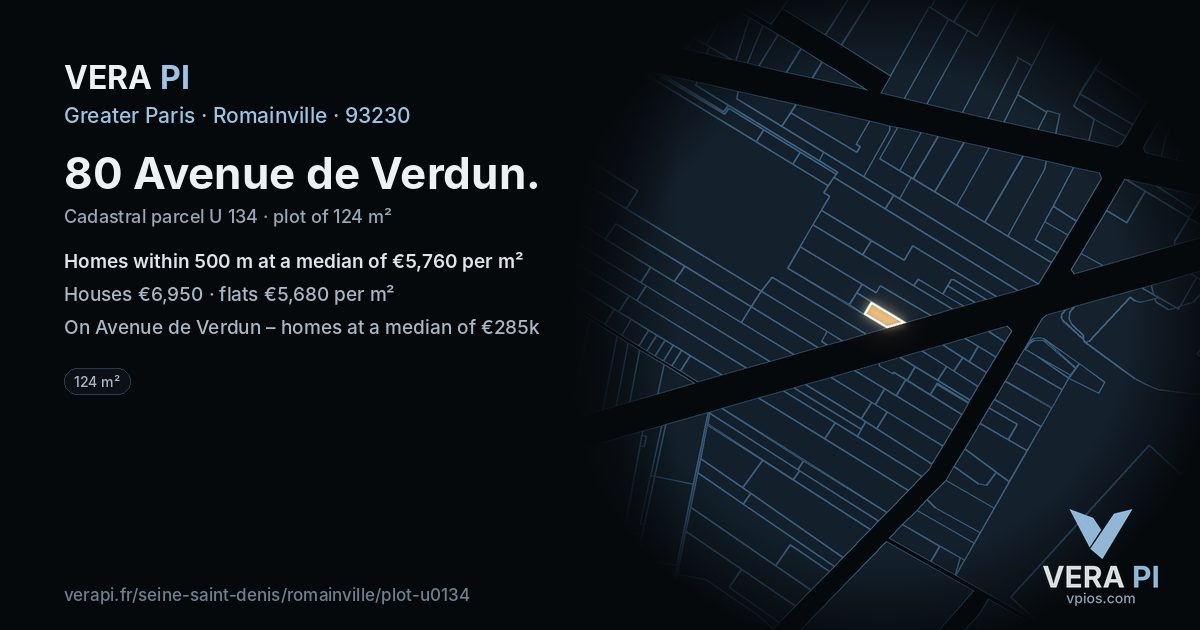 80 Avenue de Verdun, Romainville at night – the plot lit, the parcels around coloured by the prices near them