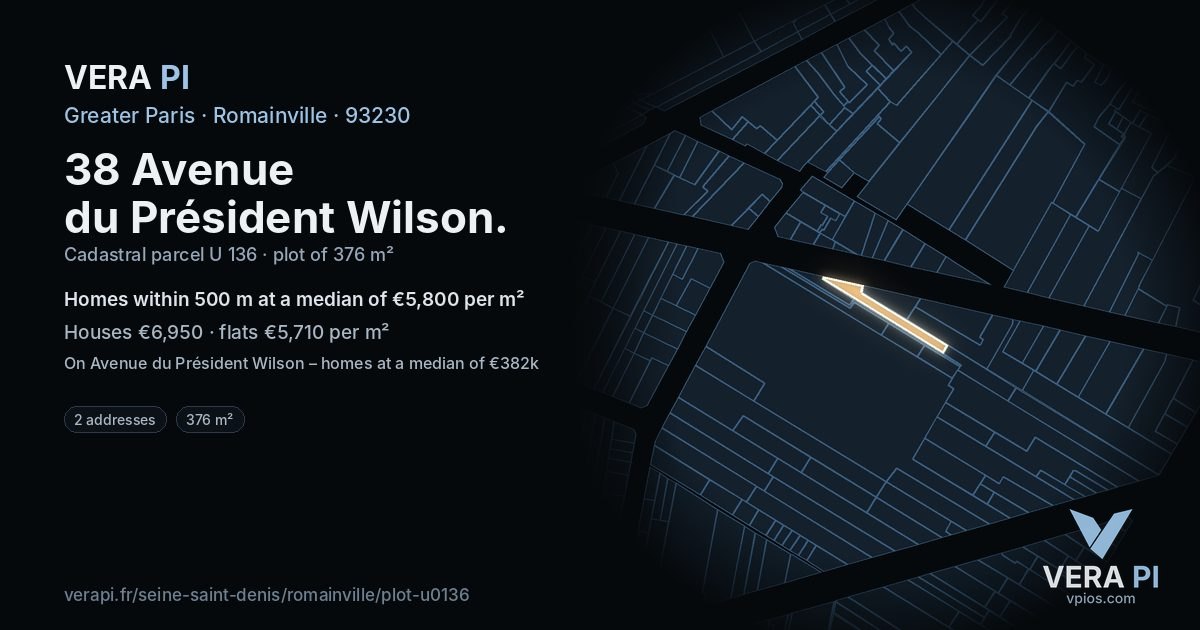 38 Avenue du Président Wilson, Romainville at night – the plot lit, the parcels around coloured by the prices near them