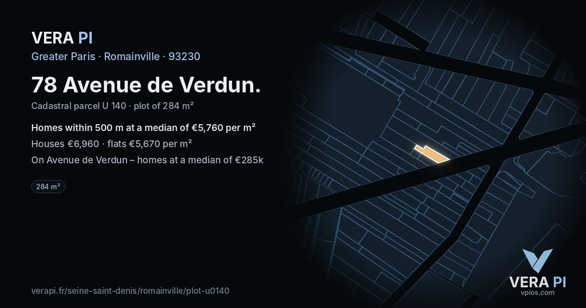 78 Avenue de Verdun, Romainville at night – the plot lit, the parcels around coloured by the prices near them