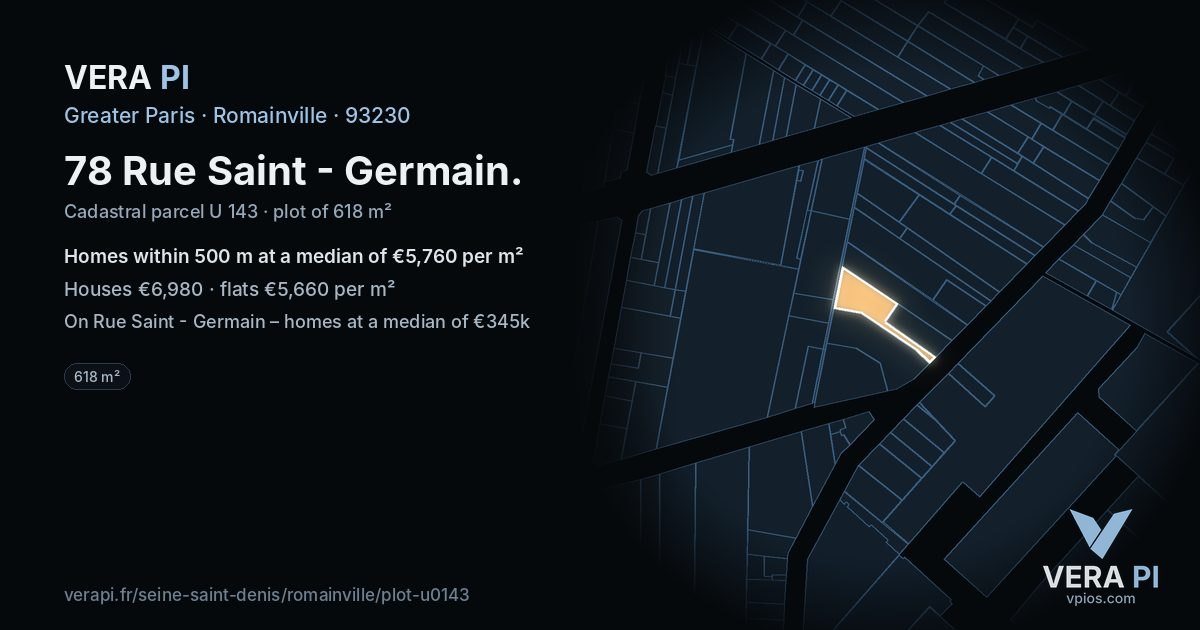 78 Rue Saint - Germain, Romainville at night – the plot lit, the parcels around coloured by the prices near them