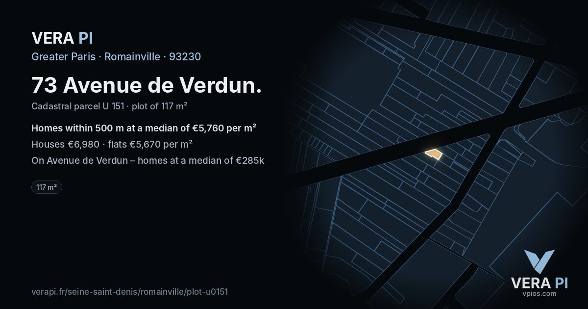 73 Avenue de Verdun, Romainville at night – the plot lit, the parcels around coloured by the prices near them
