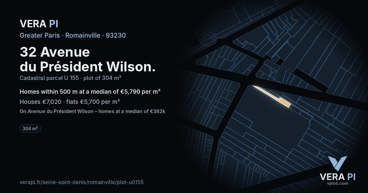 32 Avenue du Président Wilson, Romainville at night – the plot lit, the parcels around coloured by the prices near them