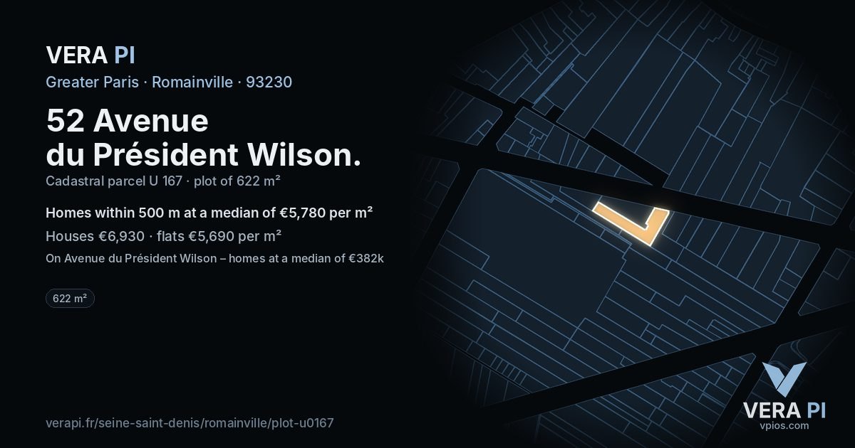 52 Avenue du Président Wilson, Romainville at night – the plot lit, the parcels around coloured by the prices near them