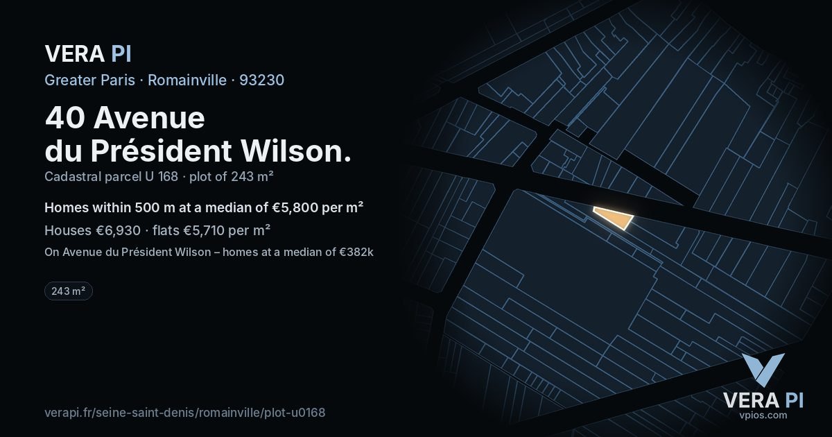 40 Avenue du Président Wilson, Romainville at night – the plot lit, the parcels around coloured by the prices near them