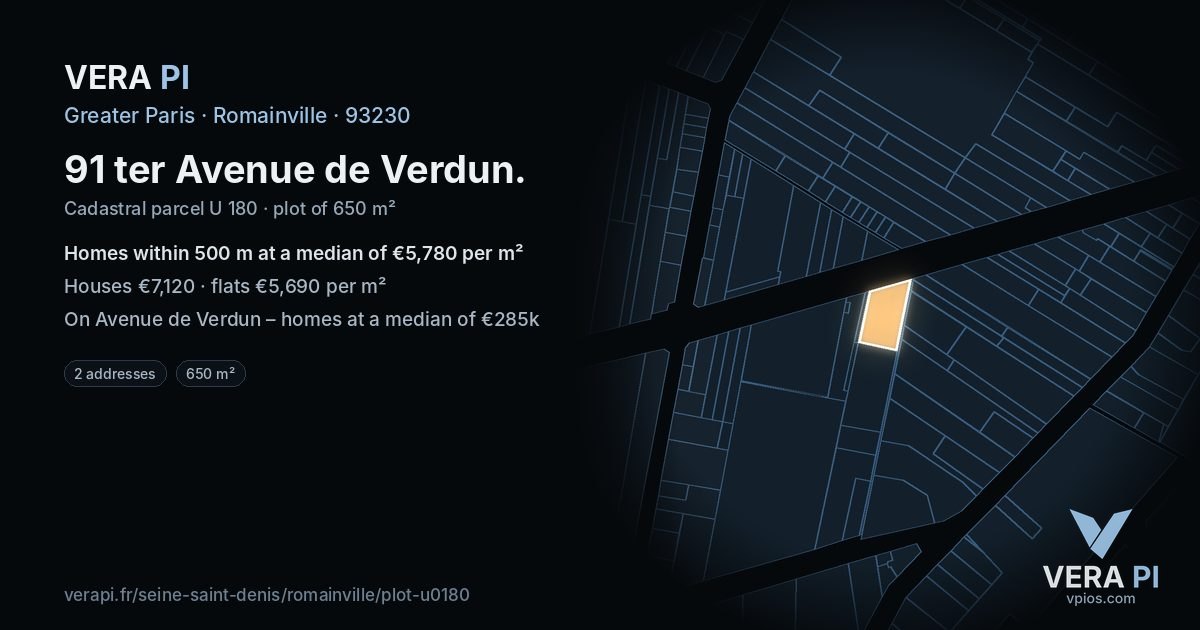 91 ter Avenue de Verdun, Romainville at night – the plot lit, the parcels around coloured by the prices near them