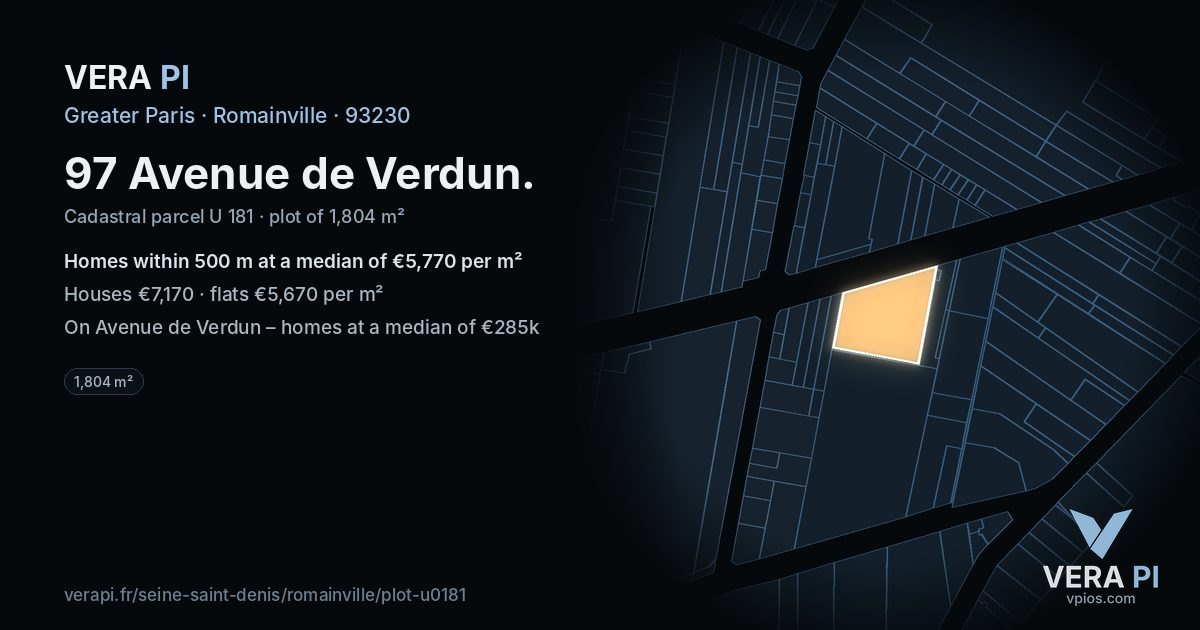 97 Avenue de Verdun, Romainville at night – the plot lit, the parcels around coloured by the prices near them