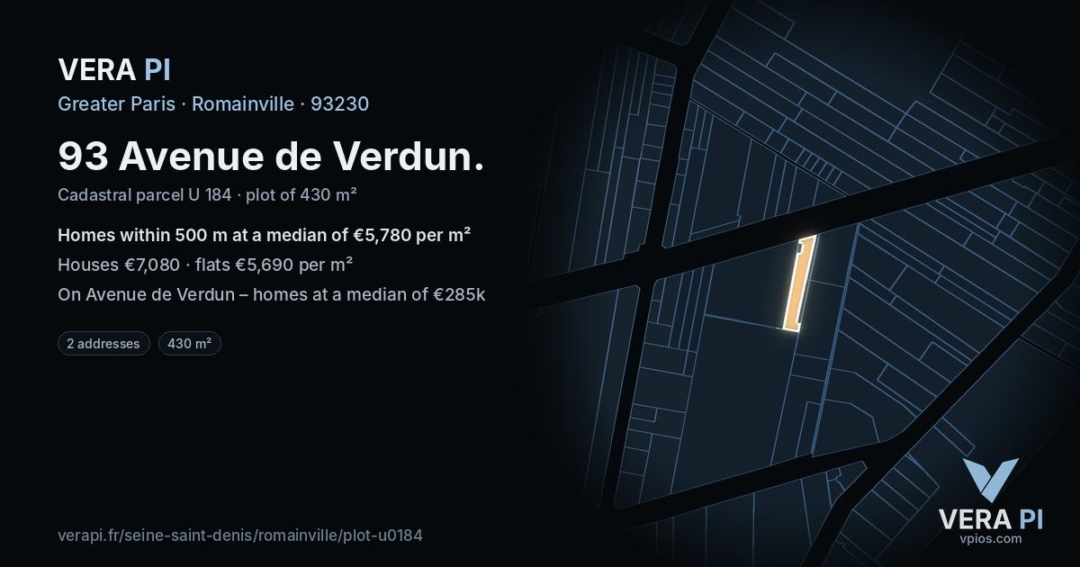 93 Avenue de Verdun, Romainville at night – the plot lit, the parcels around coloured by the prices near them