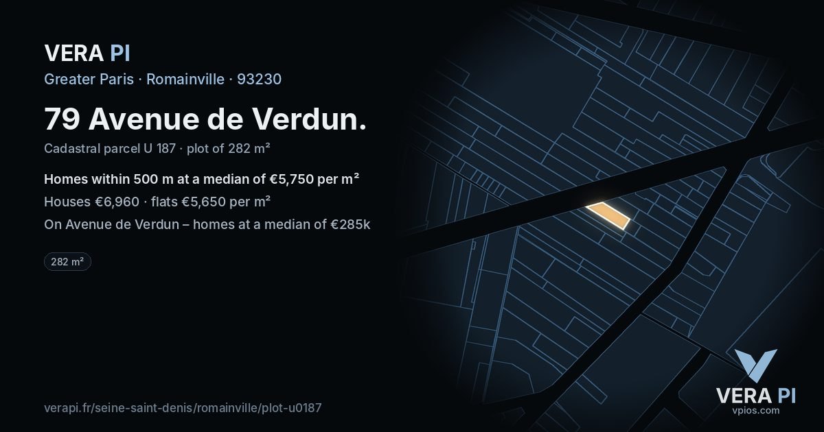 79 Avenue de Verdun, Romainville at night – the plot lit, the parcels around coloured by the prices near them