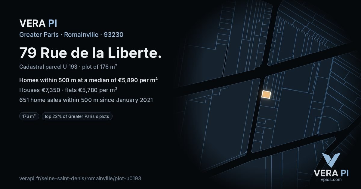 79 Rue de la Liberte, Romainville at night – the plot lit, the parcels around coloured by the prices near them