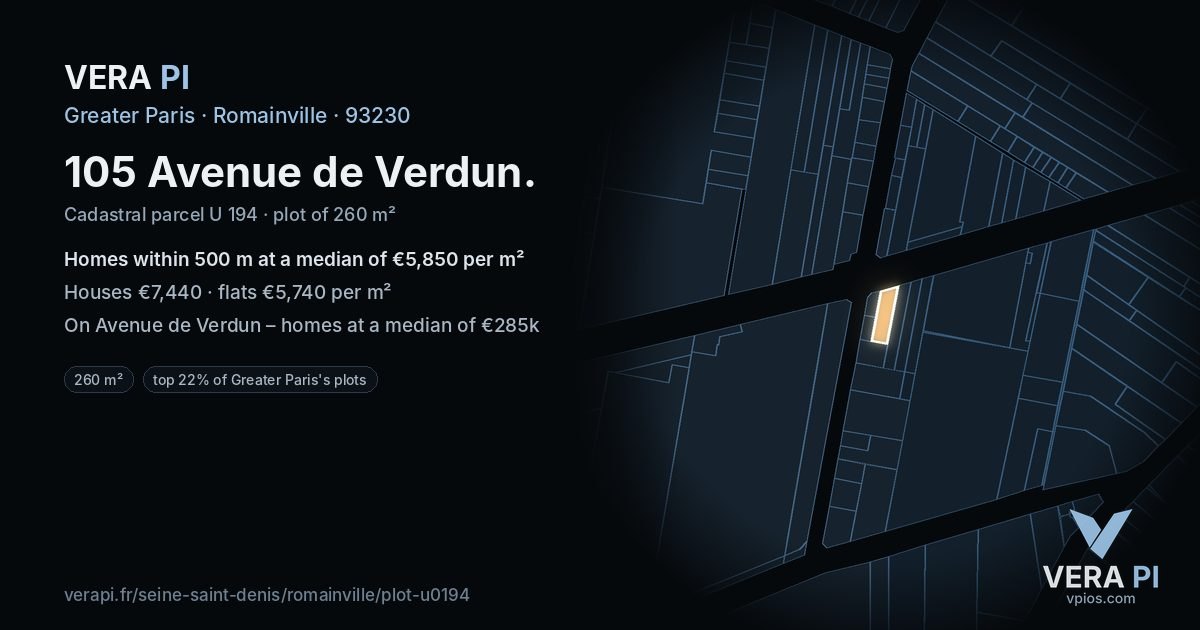 105 Avenue de Verdun, Romainville at night – the plot lit, the parcels around coloured by the prices near them