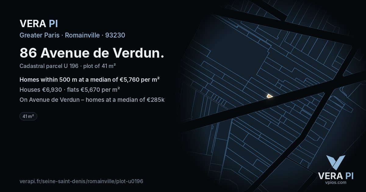 86 Avenue de Verdun, Romainville at night – the plot lit, the parcels around coloured by the prices near them