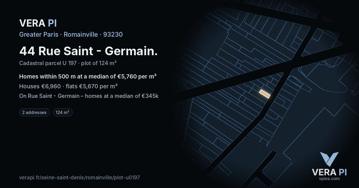 44 Rue Saint - Germain, Romainville at night – the plot lit, the parcels around coloured by the prices near them