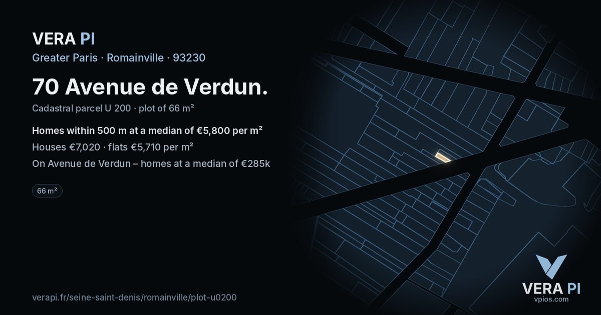 70 Avenue de Verdun, Romainville at night – the plot lit, the parcels around coloured by the prices near them