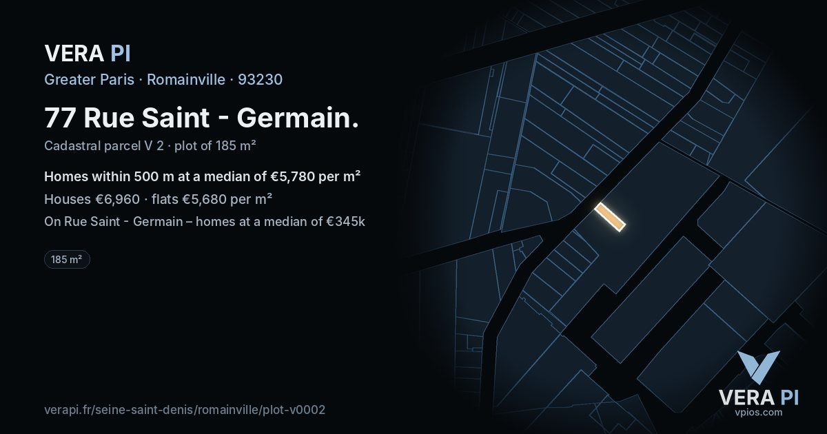 77 Rue Saint - Germain, Romainville at night – the plot lit, the parcels around coloured by the prices near them