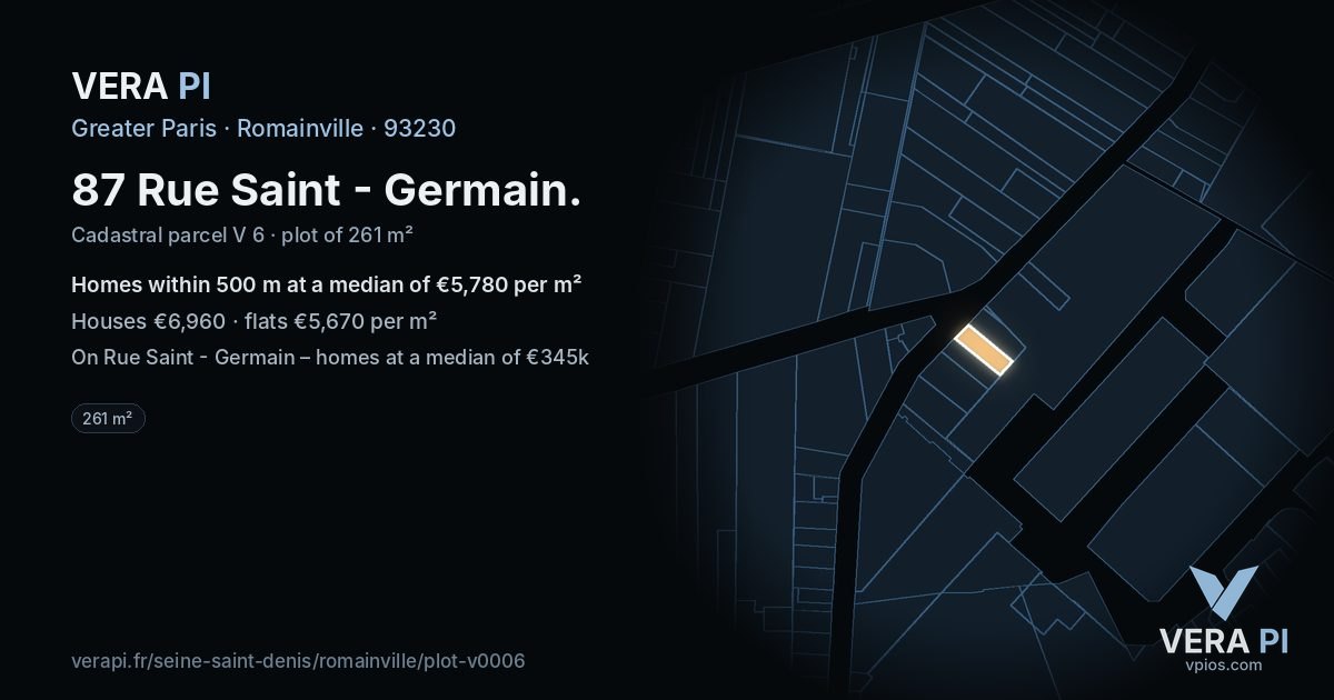 87 Rue Saint - Germain, Romainville at night – the plot lit, the parcels around coloured by the prices near them
