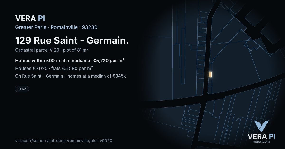 129 Rue Saint - Germain, Romainville at night – the plot lit, the parcels around coloured by the prices near them